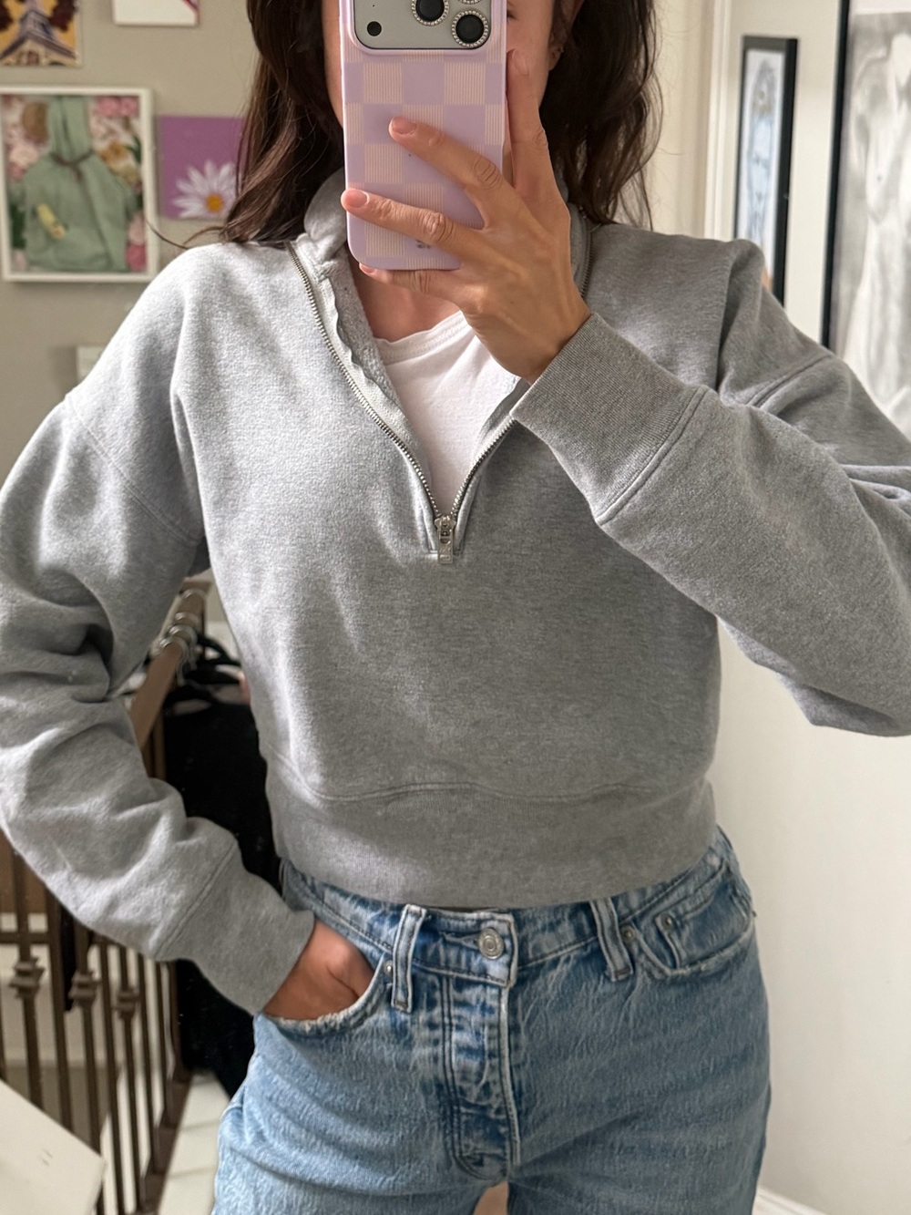 Reformation Light Grey Half-Zip Cropped Sweatshirt